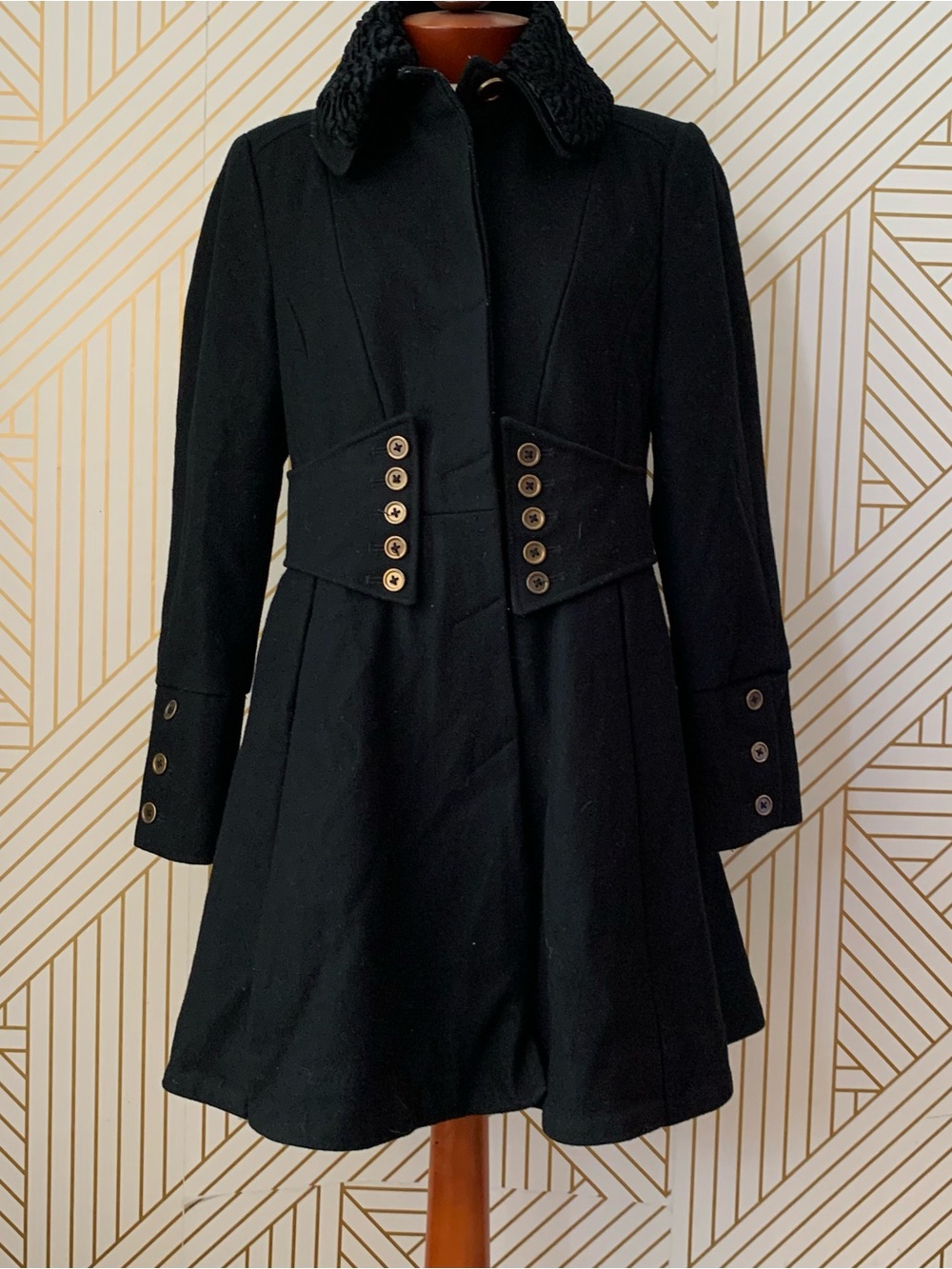 Betsey Johnson Y2K 2000's Black Wool Military Princess Coat Leopard Rose Lining - Picture 10 of 11